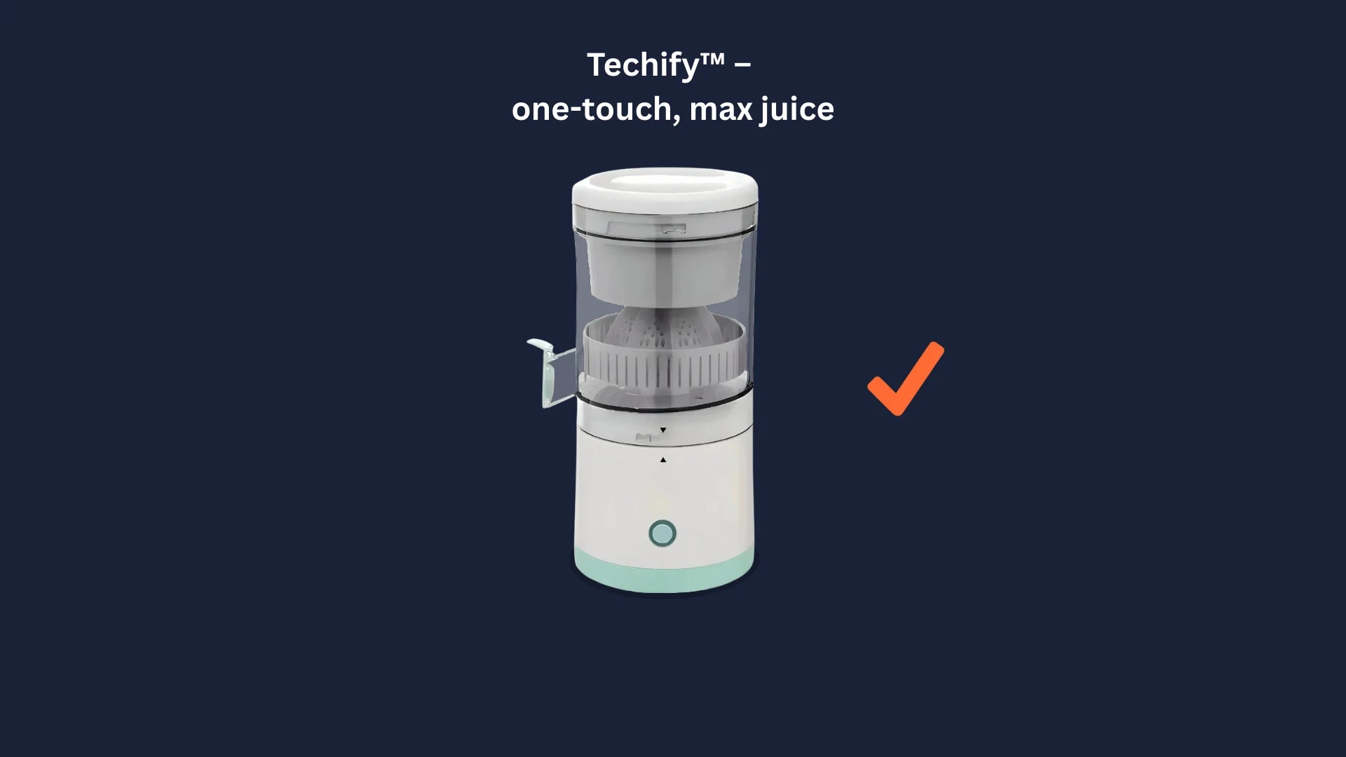 Techify™ automatic fruit extractor highlighted with a check mark in a comparison banner, emphasizing smart design, speed, and effortless juice preparation