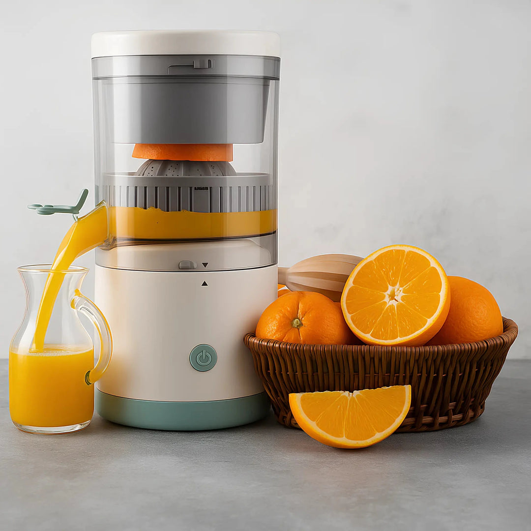 Techify™ automatic fruit extractor on a kitchen counter, highlighting effortless juicing technology — perfect for fresh, quick, and efficient fruit preparation.