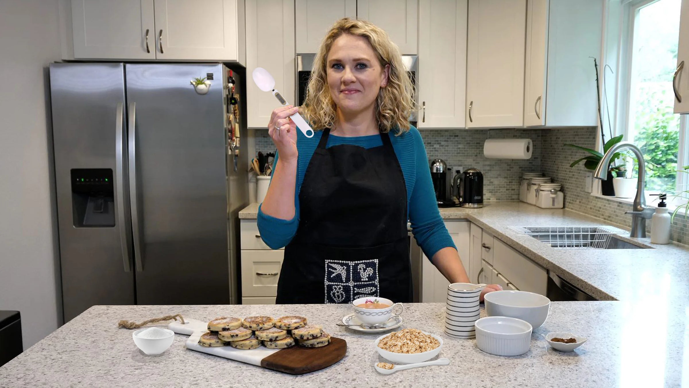 Techify™ digital spoon scale displayed in a lifestyle setting, showcasing precision measurement, smart design, and convenience for everyday cooking and wellness