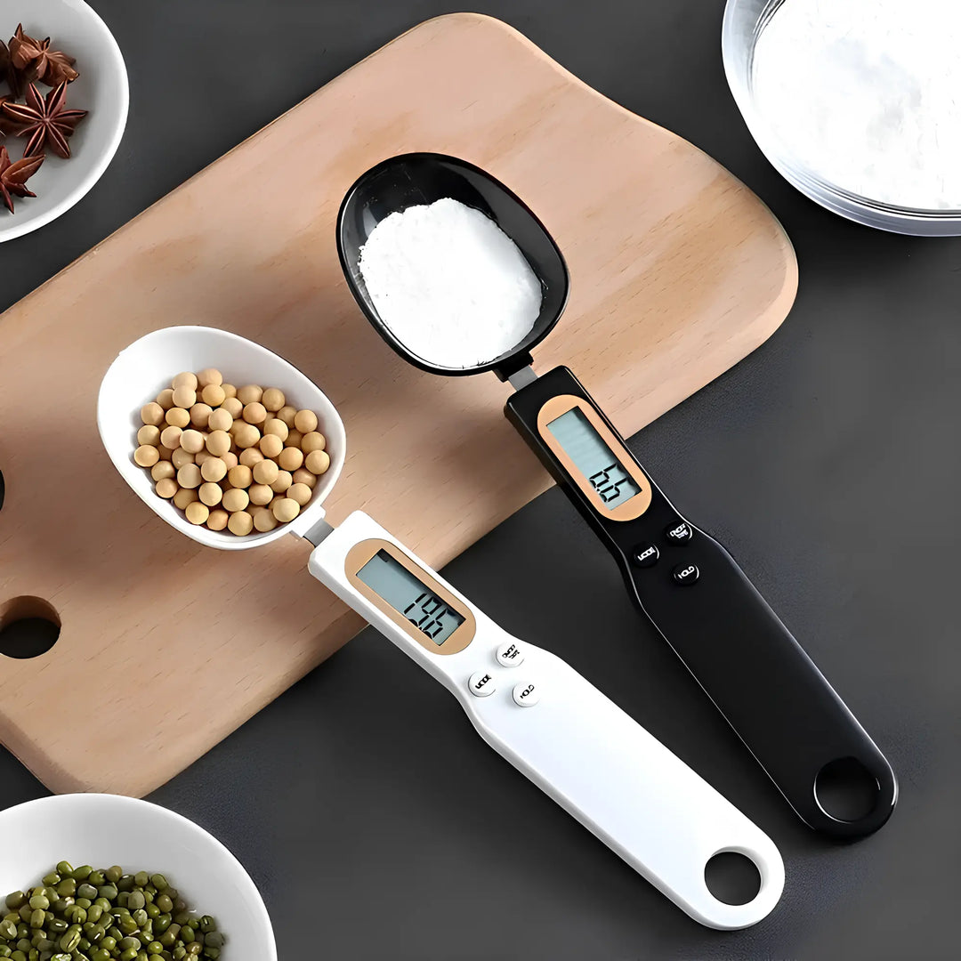 Techify™ digital spoon scale placed on a kitchen table, showcasing precision measurement and modern design — perfect for smart cooking and everyday kitchen efficiency.