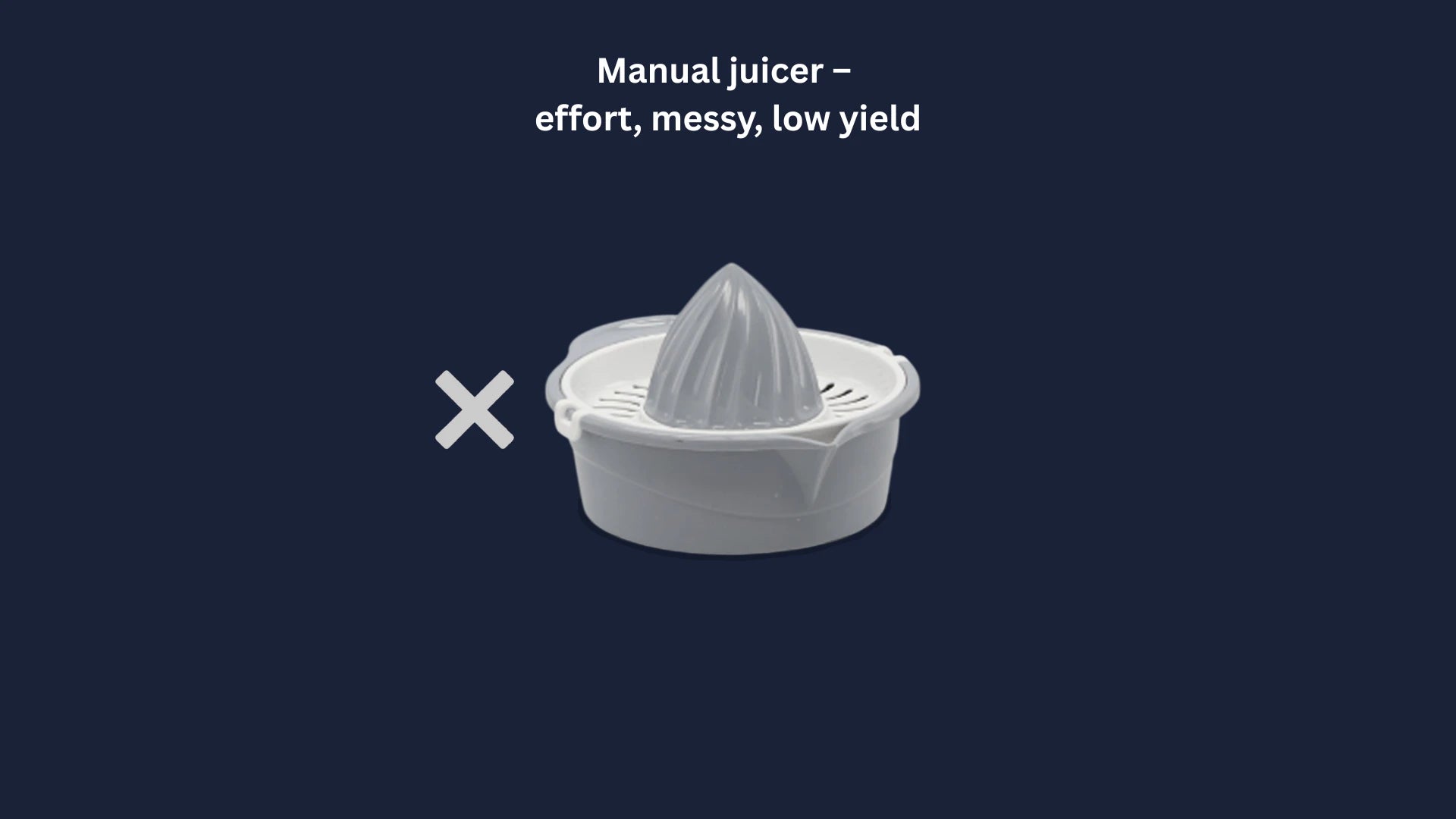 Traditional manual juicer marked with a cross in a comparison banner, highlighting the advantages of the Techify™ automatic fruit extractor