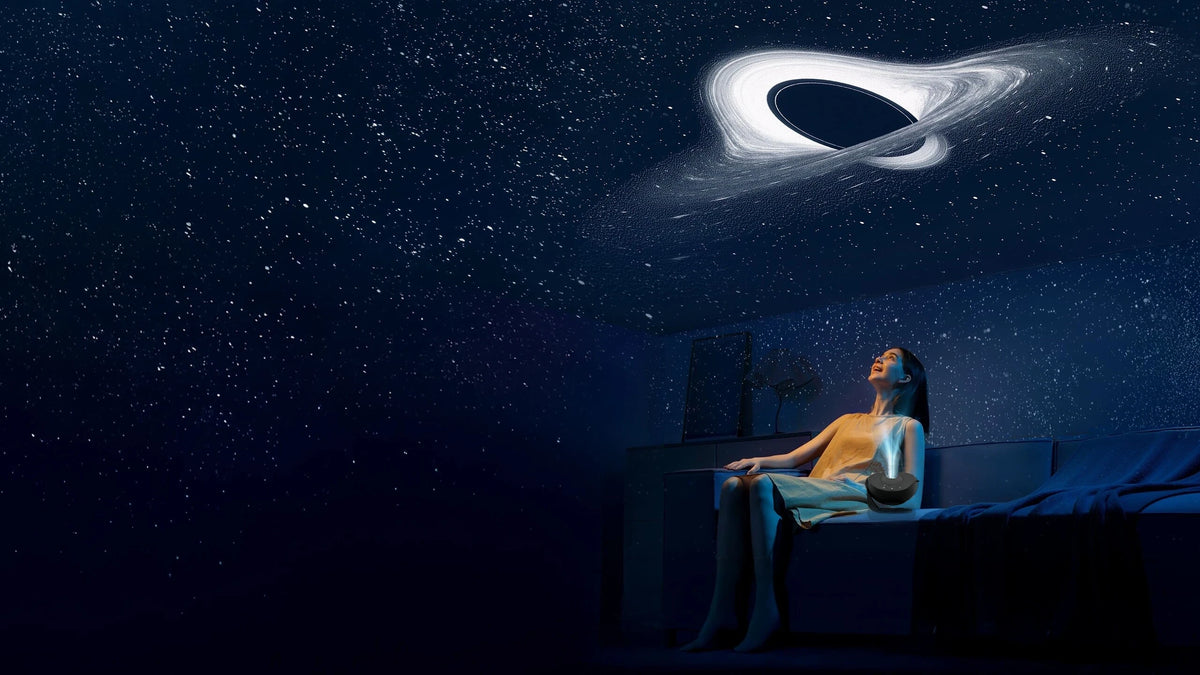 Techify™ sky galaxy projector creating a vibrant starry night atmosphere in a modern lifestyle setting, designed for relaxation and smart home vibes