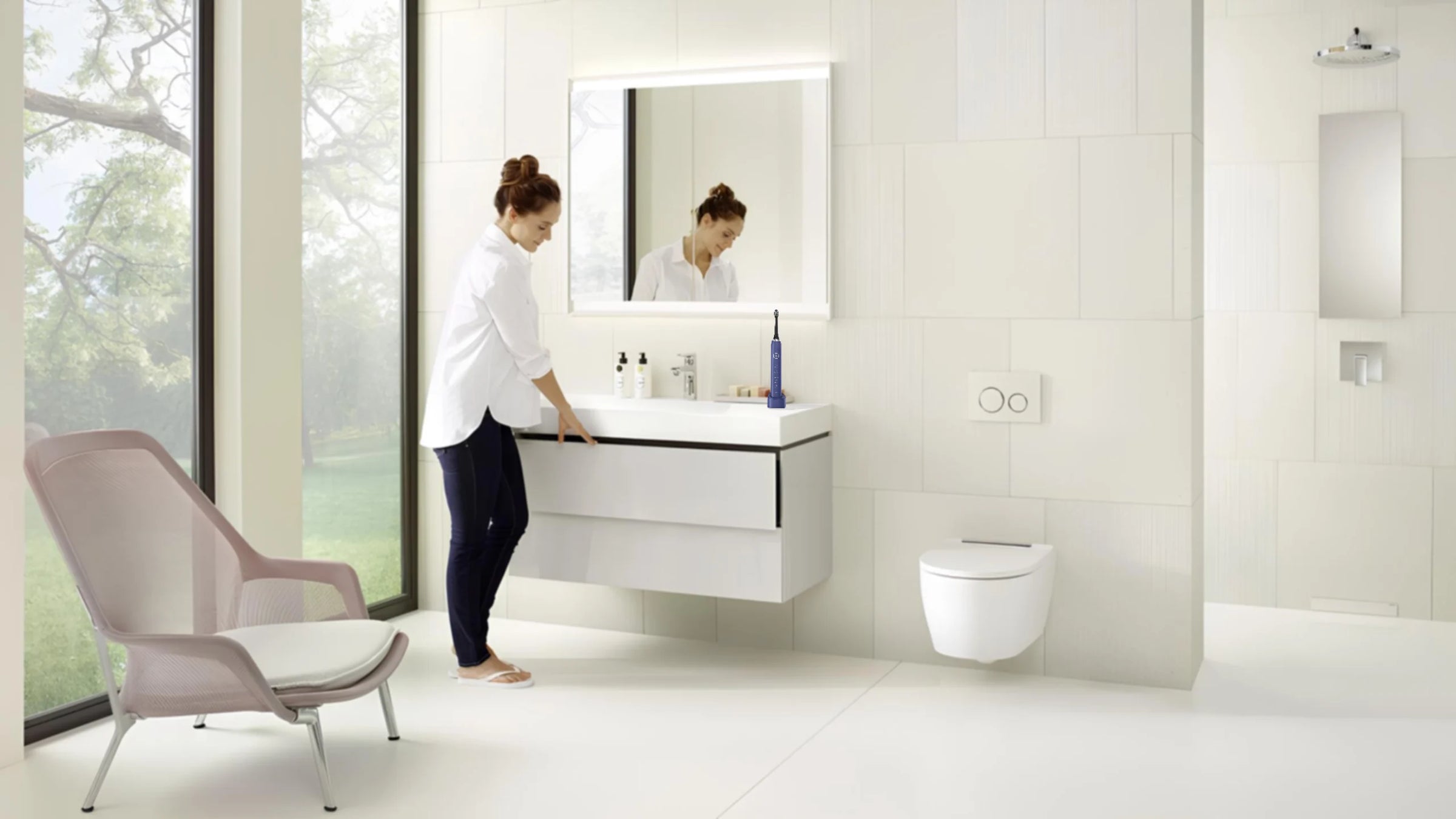 Techify™ sonic electric toothbrush shown in a lifestyle setting, highlighting advanced cleaning technology and modern oral care in a bathroom