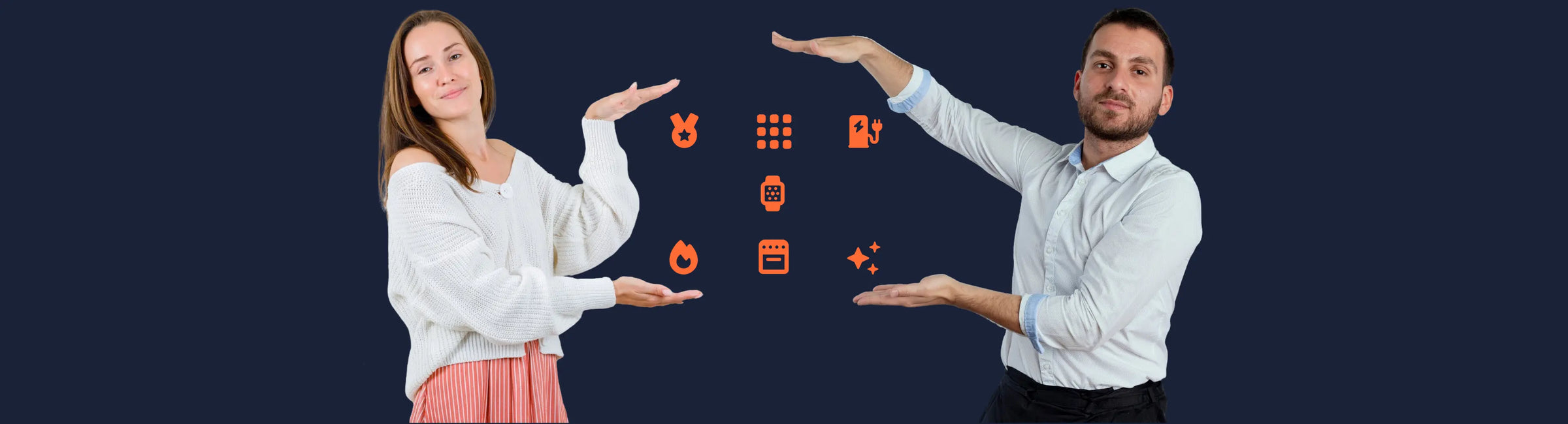 Techify™ spotlight collections banner with two people presenting icons of product categories on dark blue background