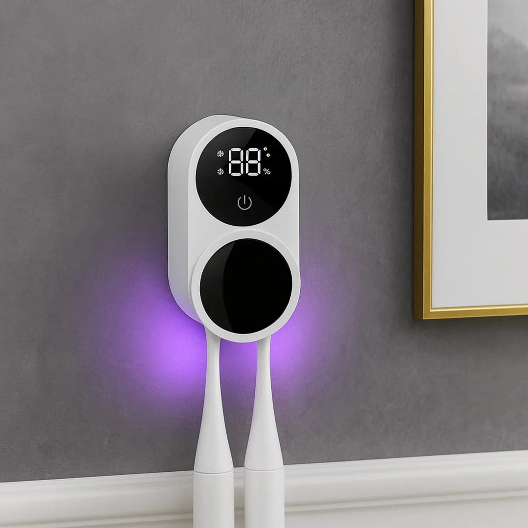 Techify™ UV toothbrush sterilizer in usage, highlighting smart UV hygiene technology — perfect for keeping toothbrushes protected and bacteria-free every day.